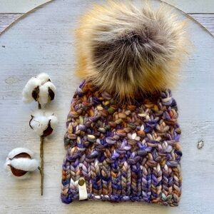 Hand Knit Chunky Beanie - Faux Fur Pom - Malabrigo Rasta Yarn